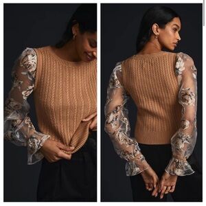 Maeve Anthropologie Contrast Sleeve Sweater Floral Tan